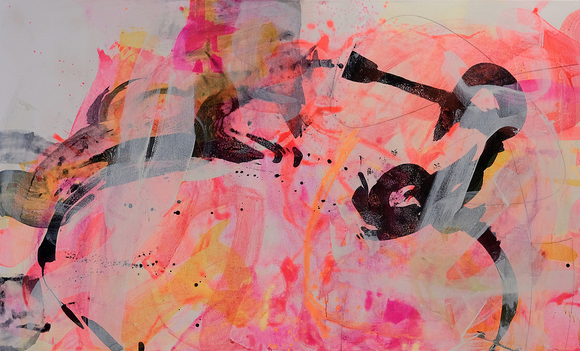 Triptyque. Toile no 1. Art automatique. Art abstrait intuitif par Christine Girard Artiste professionnelle. Couleurs fluos, rose, orange, noir et neutre. Art contemporain.
Dimensions H36 x L60 pouces.  toile puissante et énergique.