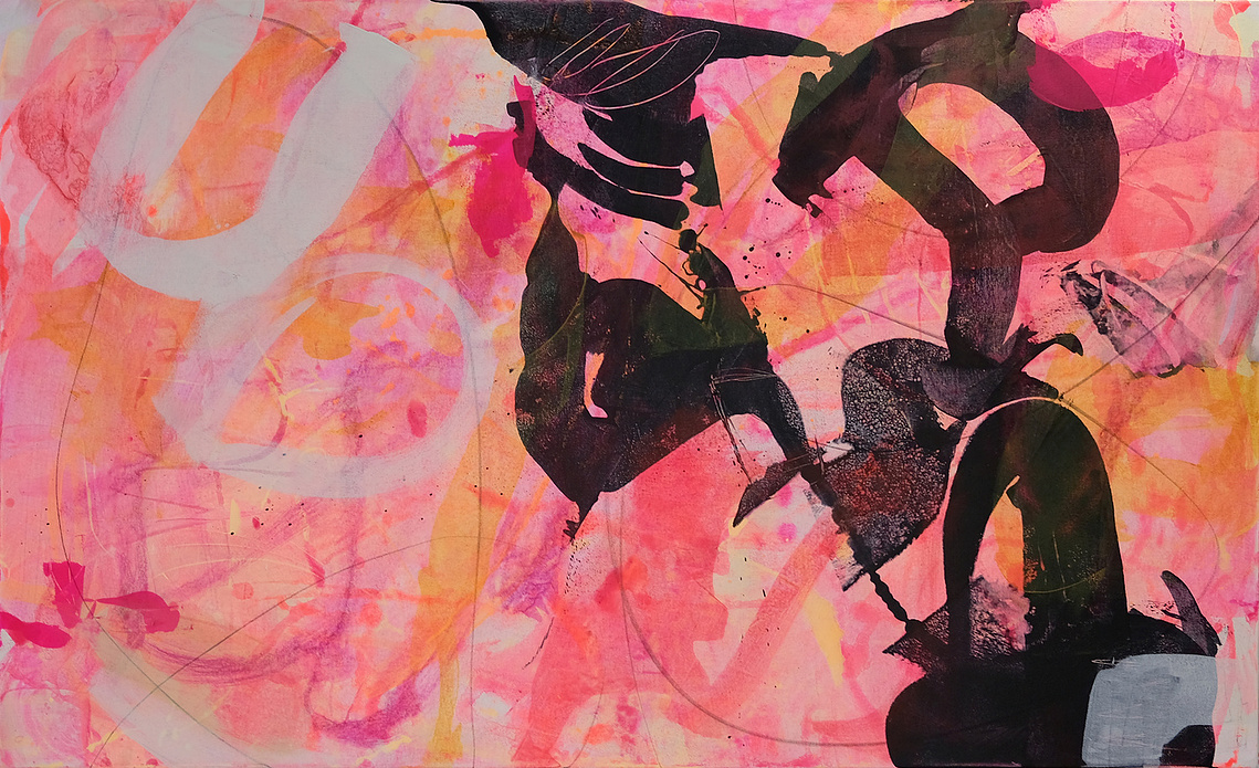 Triptyque. Toile no 2. Art automatique. Art abstrait intuitif par Christine Girard Artiste professionnelle. Couleurs fluos, rose, orange, noir et neutre. Art contemporain.
Dimensions H36 x L60 pouces.  toile puissante et énergique.