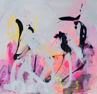 Art automatique. Art abstrait intuitif par Christine Girard Artiste professionnelle. Couleurs fluos, rose, jaune, noir et neutre.
Acrylique sur toile. 30 x 30 pouces.  Art contemporain. Toile puissante.