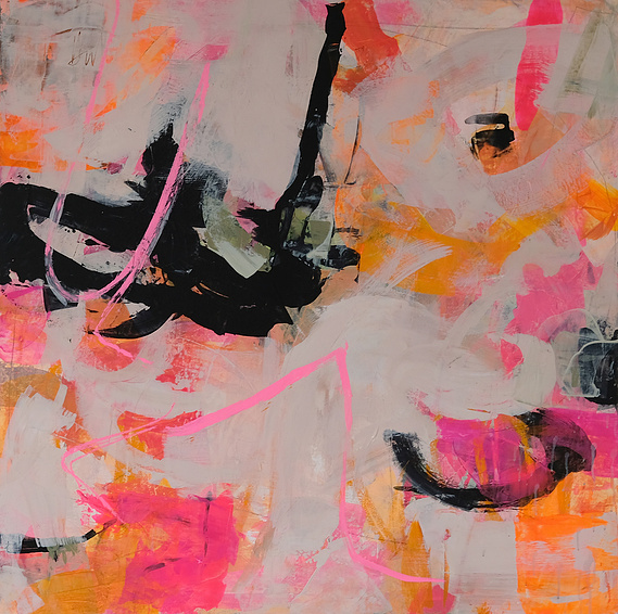 Art abstrait intuitif de Christine Girard. Exposition Galerie Vincent-D'Indy, Boucherville. 2024. Art coloré, énergique, puissant. Orange et rose fluo, noir et neutre. Art contemporain grand format. Artiste professionnelle. Dimensions 40 x 40 pouces.