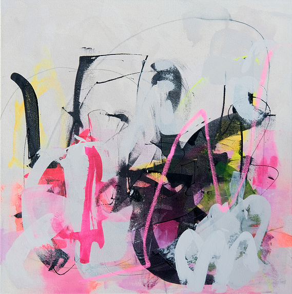Art automatique. Art abstrait intuitif par Christine Girard Artiste professionnelle. Couleurs fluos, rose, jaune, vert et neutre.
acrylique sur toile. 30 x 30 pouces.  Art contemporain. Toile puissante.