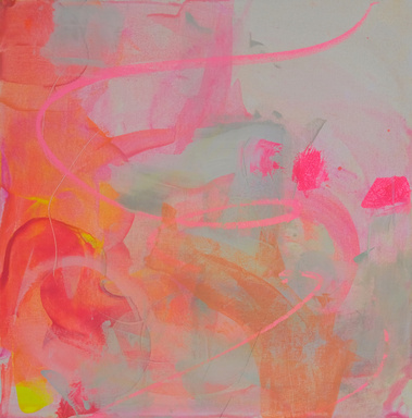 Art abstrait intuitif de Christine Girard. Exposition Galerie Vincent-D'Indy, Boucherville. 2024. Art coloré, énergique, doux. Orange et rose fluo, jaune et neutre. Art contemporain. Artiste professionnelle. Dimensions 20 x 20 pouces.