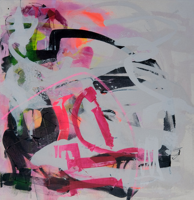 Art automatique. Art abstrait intuitif par Christine Girard Artiste professionnelle. Couleurs fluos, rose, jaune, vert et neutre.
acrylique sur toile. 30 x 30 pouces.  Art contemporain. Toile puissante.