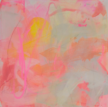Art abstrait intuitif de Christine Girard. Exposition Galerie Vincent-D'Indy, Boucherville. 2024. Art coloré, énergique, doux. Orange et rose fluo, jaune et neutre. Art contemporain. Artiste professionnelle. Dimensions 20 x 20 pouces.