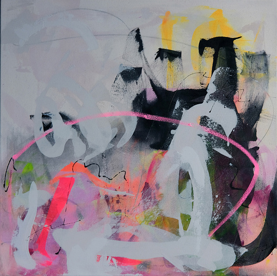 Art automatique. Art abstrait intuitif par Christine Girard Artiste professionnelle. Couleurs fluos, rose, jaune, vert et neutre.
acrylique sur toile. 30 x 30 pouces.  Art contemporain. Toile puissante.