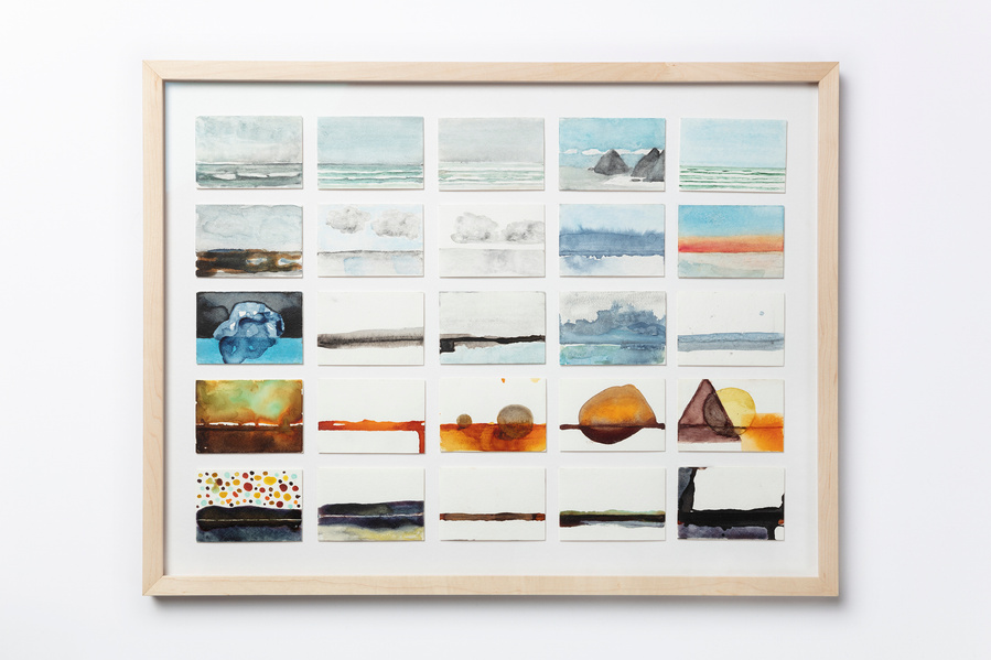 A framed set of 25 small horizon paintings done in watercolors and handmade ink. This is 51-75.