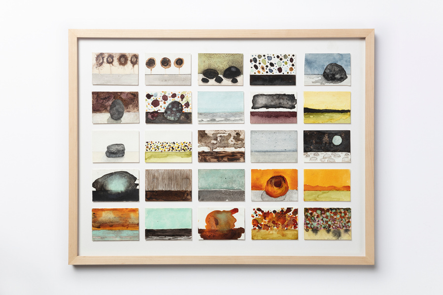 A framed set of 25 small horizon paintings done in watercolors and handmade ink. This is 1-25.