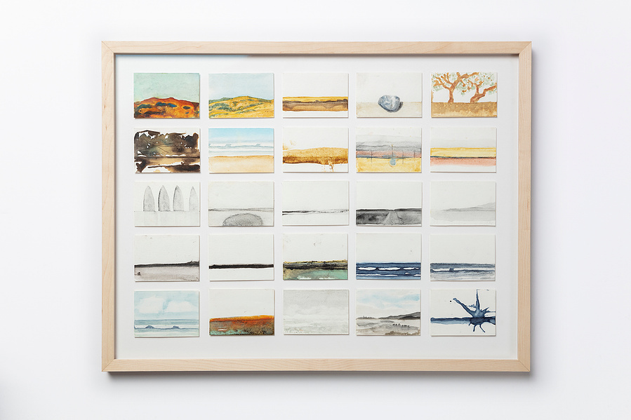 A framed set of 25 small horizon paintings done in watercolors and handmade ink. This is 76-100.