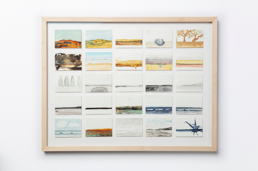 A framed set of 25 small horizon paintings done in watercolors and handmade ink. This is 76-100.