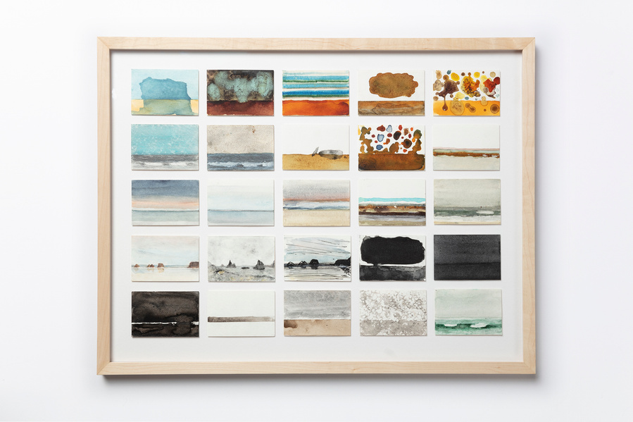 A framed set of 25 small horizon paintings done in watercolors and handmade ink. This is 26-50.