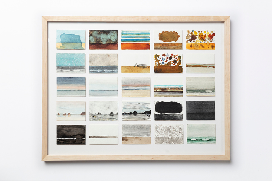 A framed set of 25 small horizon paintings done in watercolors and handmade ink. This is 26-50.