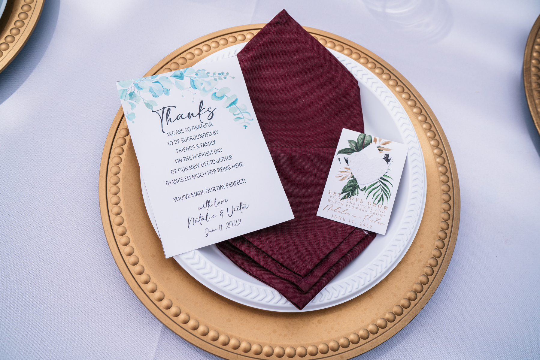 thank you cards tucked into place setting seeds planting garden 
