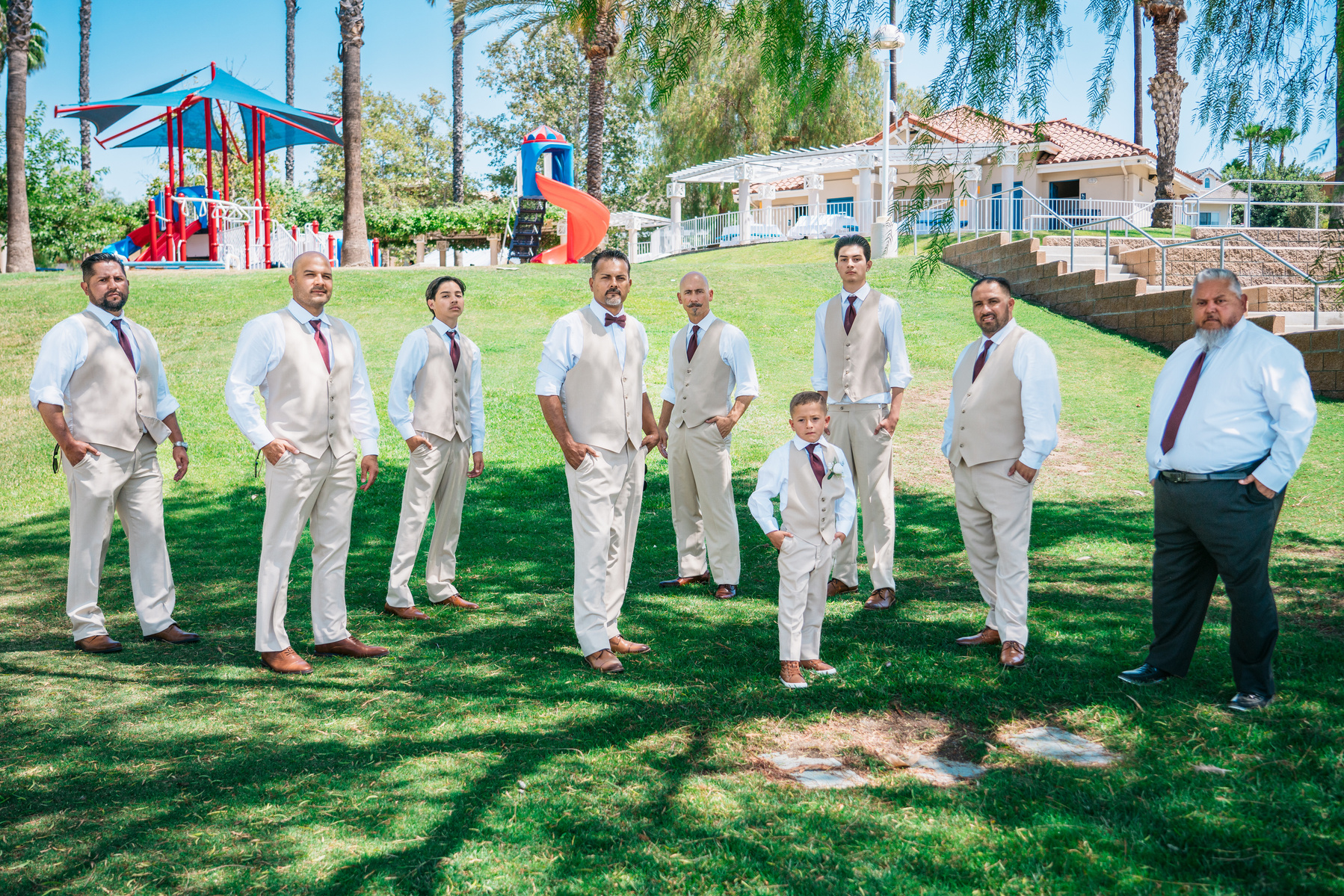 creative portrait of groomsmen hands in pocket tough guy serious expression holiday harbor canyon lake california