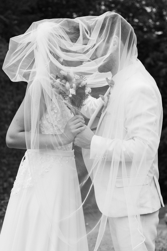 Portrait de deux jeunes mariées qui se tiennent la main cachés sous le voile de la mariée.