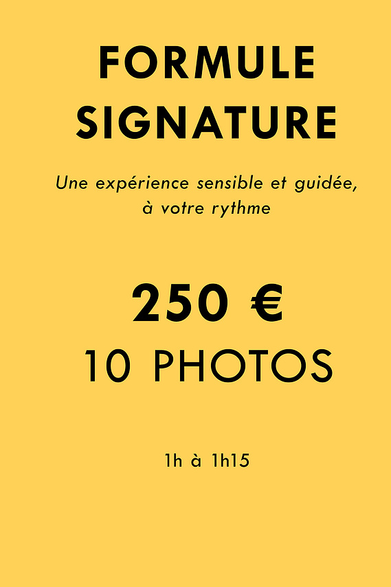 Tarifs pour la Formule Signature qui inclut 10 photos retouchées pour 250 euros.