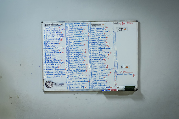 Patient triage board at Sacré Cœur Medical Center in Guinea, West Africa, tracking consultations and urgent care needs at the community clinic.
