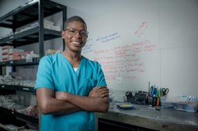 Guinean pharmacist working at the Sacré Coeur medical clinic in Guinea, West Africa.