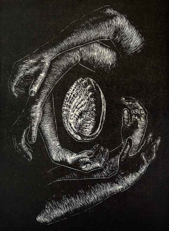 'Circle Keepers' by Angela Snieder, linocut on Kozuke, 11 x 15”, 2024