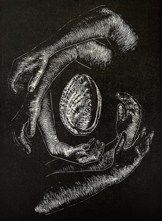 'Circle Keepers' by Angela Snieder, linocut on Kozuke, 11 x 15”, 2024