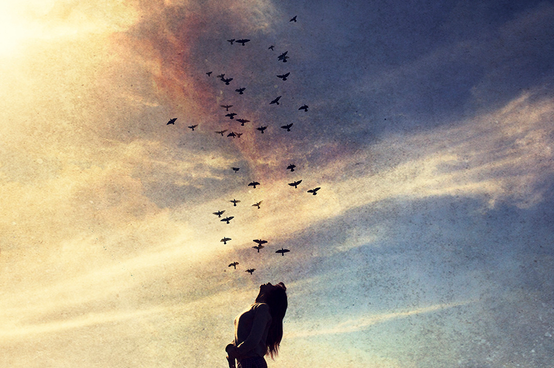 Silhouette of a young woman with flock of birds against wide sky