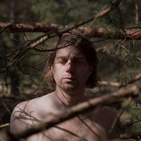 Delicate soft nude forest portrait of man between trees