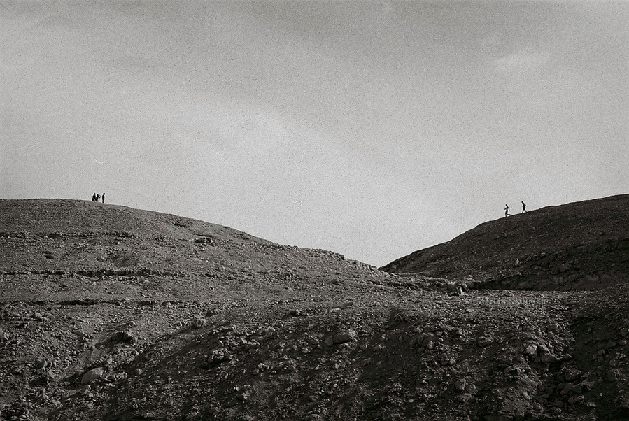 Analog black and white photograph of desert hills in Wadi Degla, Egypt