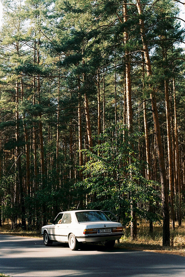 Analog photograph of an old BMW parked between trees