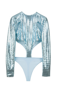 blue body suit with shining details
