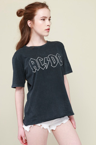 model with black ac dc t-shirt plain background