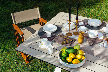 detail of outdoor furnitures, dining table and wooden fabric chair on grass, plates, lemons