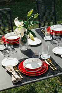 dining table decoration, red white and black, on grass