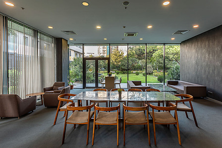 meeting room interior with a garden view