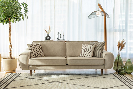 beige sofa, wooden lamp, pachira and a rug on a room setting