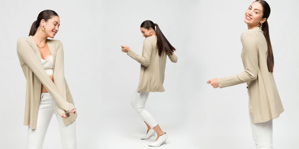 photo model in white pants and light brown cardigan