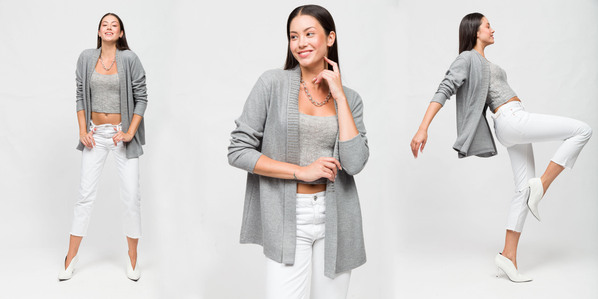 photo model with white pants and grey cardigan