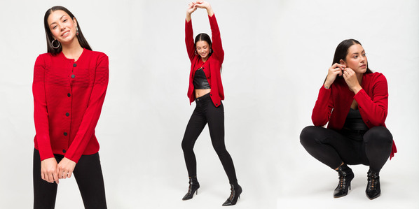 photo model with black denim and red cardigan
