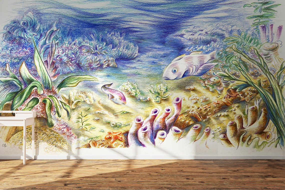 Fresque mural imprimée - Au fond des océans - Biodiversité sous-marine - Faune et Flore marine. Illustration sur mesure