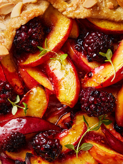 A close up macro shot of a baked fruit galette, perfect for editorial and restaurant food photography, shot by food photographer, Sid Ali