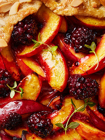 A close up macro shot of a baked fruit galette, perfect for editorial and restaurant food photography, shot by food photographer, Sid Ali