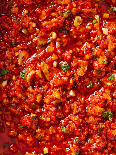 A fcklose up macro shot of chilli pesto, perfect for editorial, advertising and restaurant food photography, shot by food photographer, Sid Ali