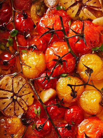 Close up macro shot of tomato and garlic confit, perfect for editorial and restaurant food photography, shot by food photographer, Sid Ali