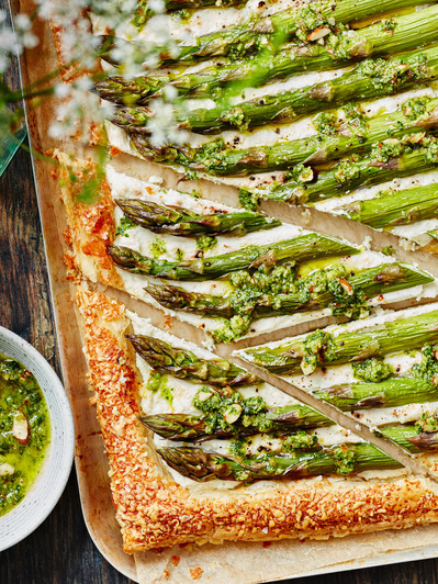 Asparagus tart sliced, perfect for editorial and restaurant food photography, shot by food photographer, Sid Ali