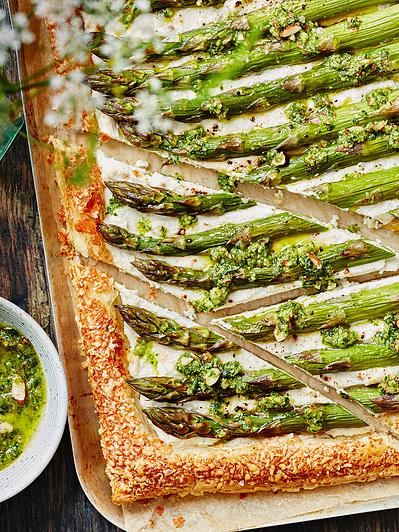 Asparagus tart sliced, perfect for editorial and restaurant food photography, shot by food photographer, Sid Ali
