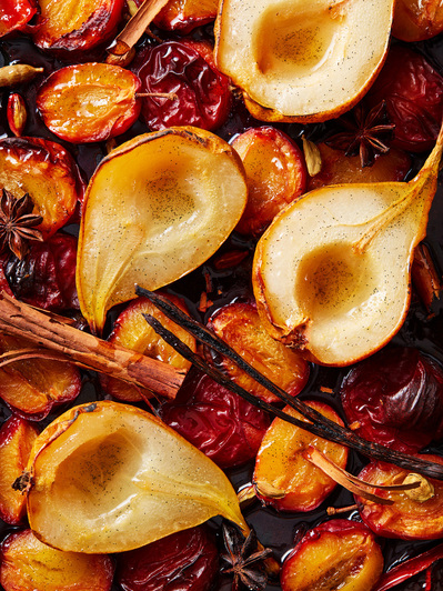 A macro close up of baked fruit and spices, perfect for editorial, ad campaigns and restaurant food photography, shot by london food photographer, Sid Ali