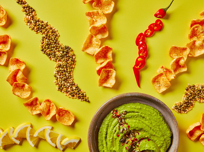 graphic chips and dips photography on bright yellow background, perfect for editorial, advertising and restaurant food photography, shot by food photographer, Sid Ali