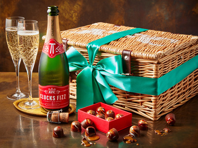 KFC gravy chocolates with kfc clucks fizz champagne, perfect for editorial and restaurant food photography, shot by food photographer, Sid Ali