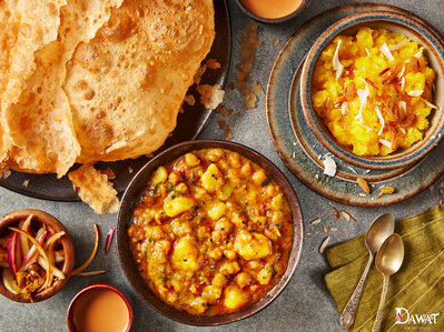 A traditional indian breakfast with halwa purii , perfect for editorial, advertising and restaurant food photography, shot by food photographer, Sid Ali
