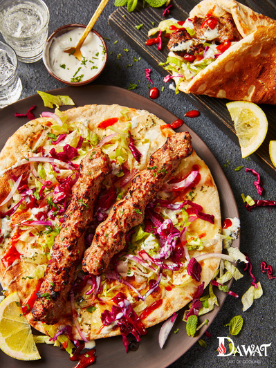 Kebab roll shot in open naan bread shot in a editorial style on dark background, perfect for editorial and restaurant food photography, shot by food photographer, Sid Ali
