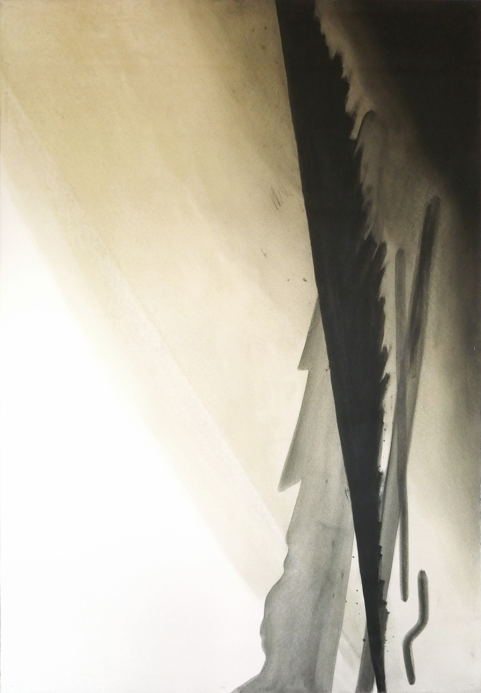 Schweizer Künstler C. G. Diaz, Ueberabend, Kohle und Leinöl natur auf Papier, 140 x 200 cm, Zürich, 2020