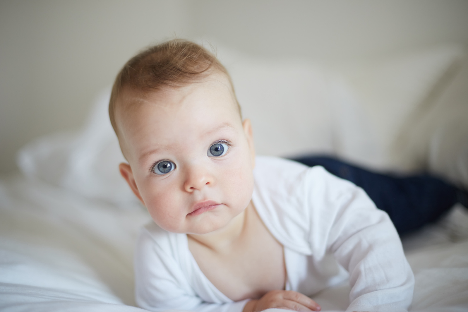 beautiful professional photograph of a baby with blue eyes looking at the camera